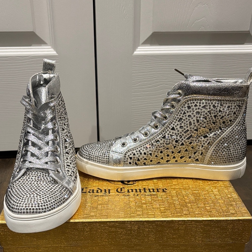 Lady Couture Silver Rhinestone Studded High-Top Sneakers